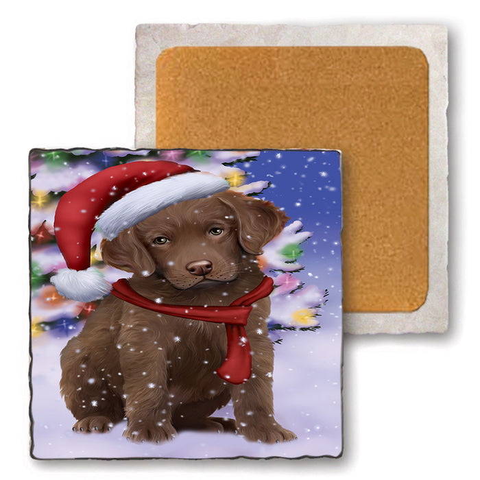 Winterland Wonderland Chesapeake Bay Retriever Dog In Christmas Holiday Scenic Background  Set of 4 Natural Stone Marble Tile Coasters MCST48378