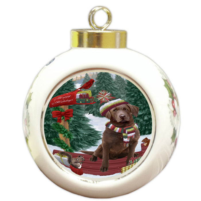 Merry Christmas Woodland Sled Chesapeake Bay Retriever Dog Round Ball Christmas Ornament RBPOR55247