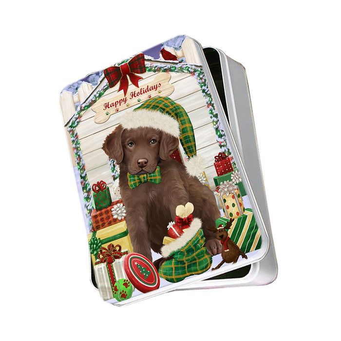 Happy Holidays Christmas Chesapeake Bay Retriever Dog House with Presents Photo Storage Tin PITN51388