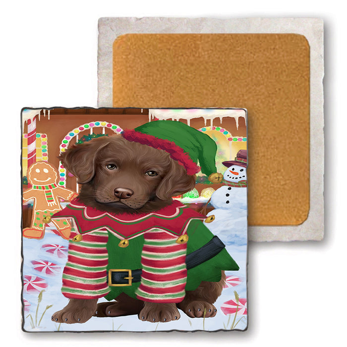 Christmas Gingerbread House Candyfest Chesapeake Bay Retriever Dog Set of 4 Natural Stone Marble Tile Coasters MCST51298