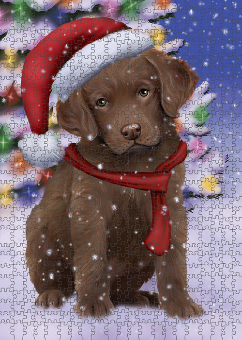Winterland Wonderland Chesapeake Bay Retriever Dog In Christmas Holiday Scenic Background Puzzle with Photo Tin PUZL80668