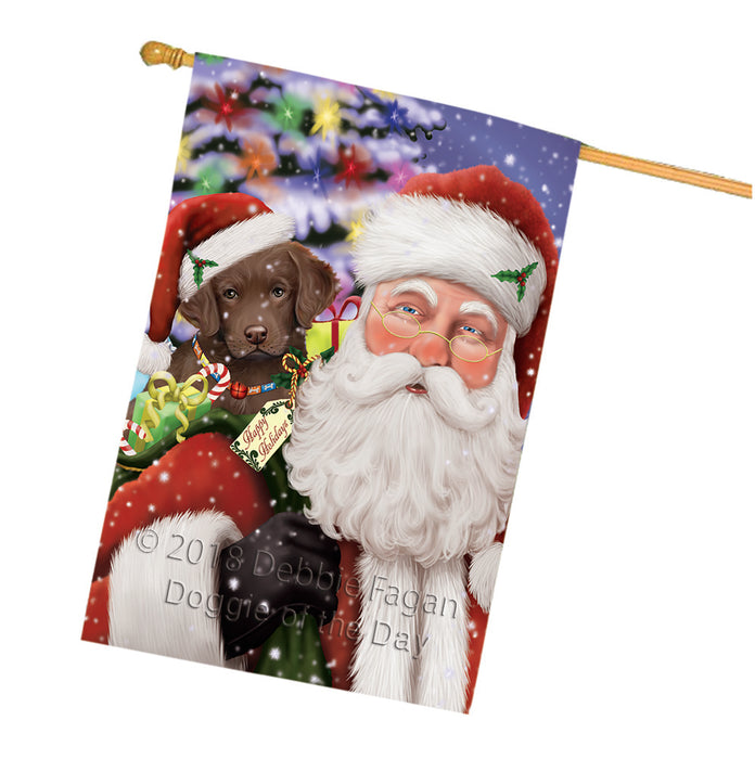 Santa Carrying Chesapeake Bay Retriever Dog and Christmas Presents House Flag FLG54174