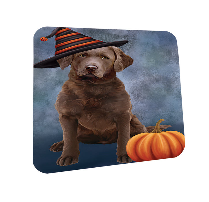Happy Halloween Chesapeake Bay Retriever Dog Wearing Witch Hat with Pumpkin Coasters Set of 4 CST54881
