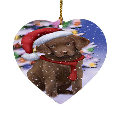 Winterland Wonderland Chesapeake Bay Retriever Dog In Christmas Holiday Scenic Background  Heart Christmas Ornament HPOR53378
