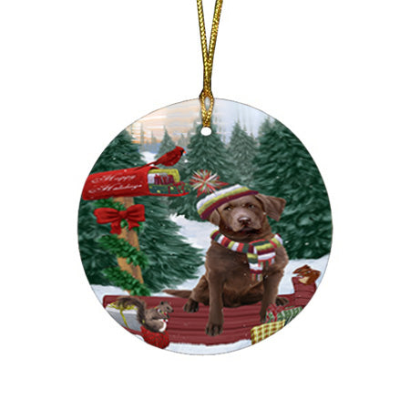 Merry Christmas Woodland Sled Chesapeake Bay Retriever Dog Round Flat Christmas Ornament RFPOR55247
