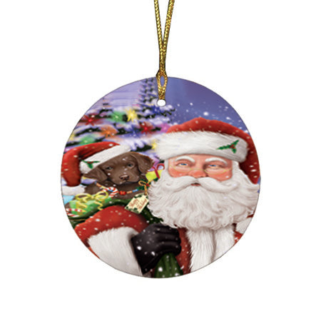 Santa Carrying Chesapeake Bay Retriever Dog and Christmas Presents Round Flat Christmas Ornament RFPOR53967