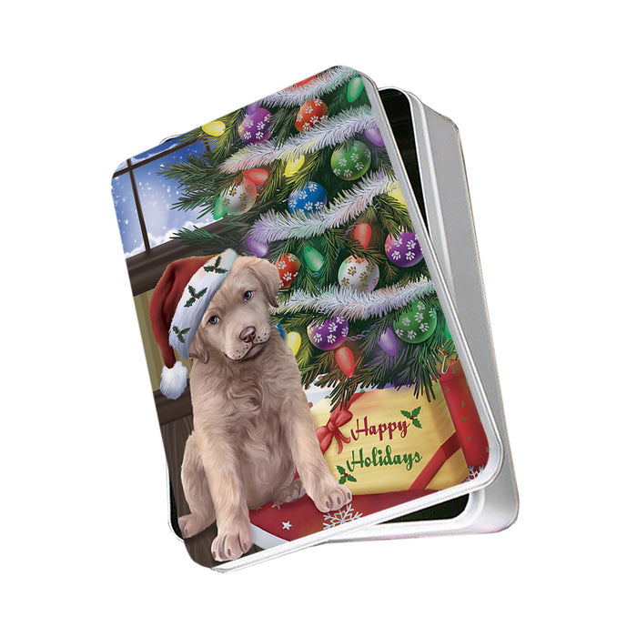 Christmas Happy Holidays Chesapeake Bay Retriever Dog with Tree and Presents Photo Storage Tin PITN53760