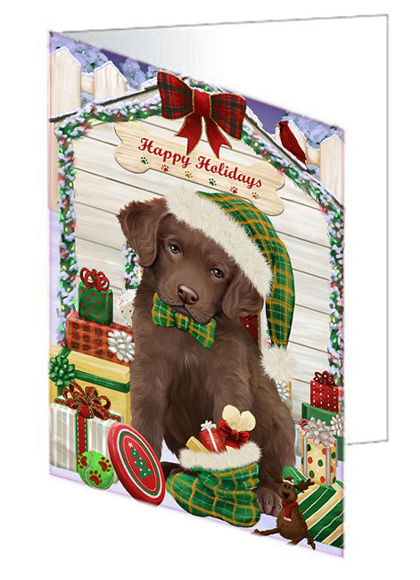 Happy Holidays Christmas Chesapeake Bay Retriever Dog House with Presents Handmade Artwork Assorted Pets Greeting Cards and Note Cards with Envelopes for All Occasions and Holiday Seasons GCD58193