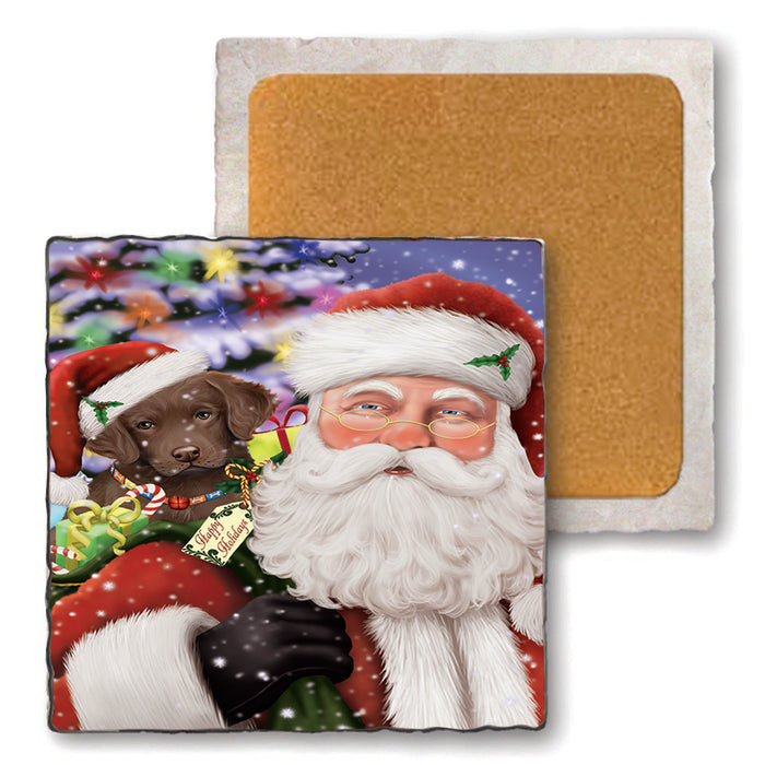 Santa Carrying Chesapeake Bay Retriever Dog and Christmas Presents Set of 4 Natural Stone Marble Tile Coasters MCST48976
