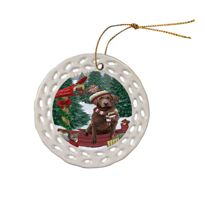 Merry Christmas Woodland Sled Chesapeake Bay Retriever Dog Ceramic Doily Ornament DPOR55247
