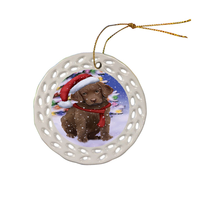 Winterland Wonderland Chesapeake Bay Retriever Dog In Christmas Holiday Scenic Background  Ceramic Doily Ornament DPOR53378