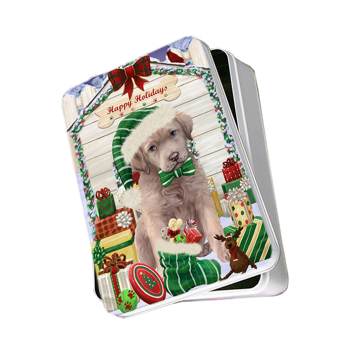 Happy Holidays Christmas Chesapeake Bay Retriever Dog House with Presents Photo Storage Tin PITN51389