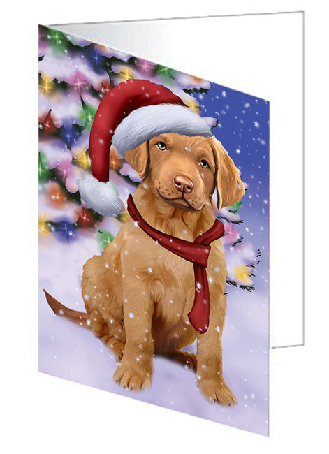 Winterland Wonderland Chesapeake Bay Retriever Dog In Christmas Holiday Scenic Background  Handmade Artwork Assorted Pets Greeting Cards and Note Cards with Envelopes for All Occasions and Holiday Seasons GCD64166