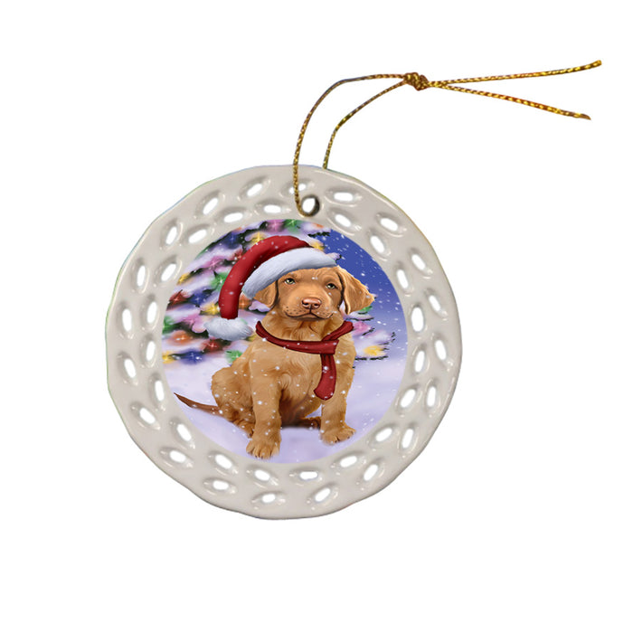 Winterland Wonderland Chesapeake Bay Retriever Dog In Christmas Holiday Scenic Background  Ceramic Doily Ornament DPOR53379
