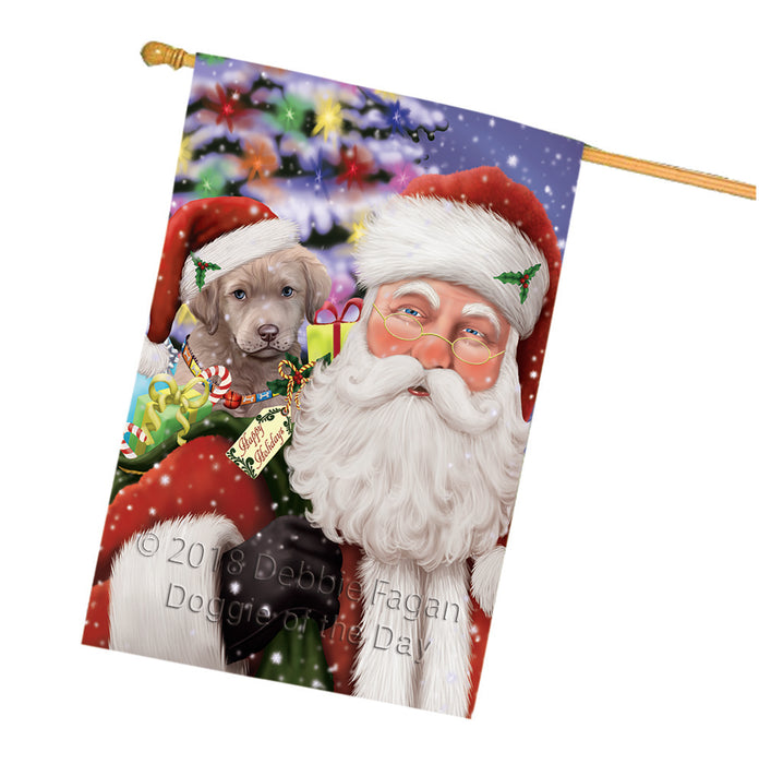 Santa Carrying Chesapeake Bay Retriever Dog and Christmas Presents House Flag FLG54175
