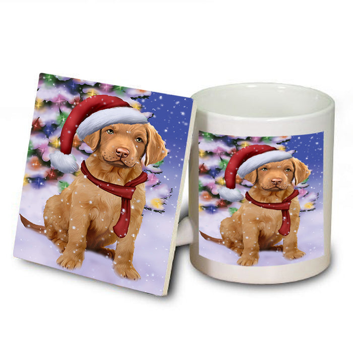 Winterland Wonderland Chesapeake Bay Retriever Dog In Christmas Holiday Scenic Background  Mug and Coaster Set MUC53371