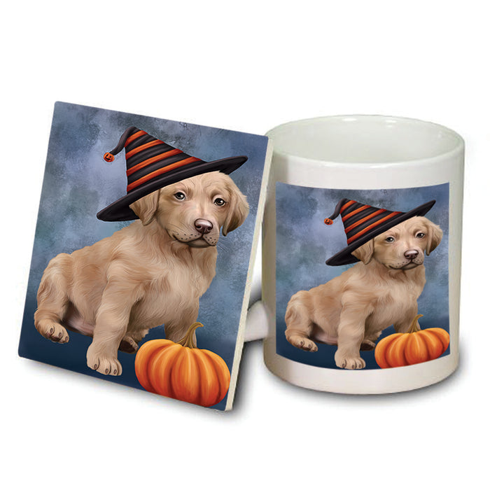 Happy Halloween Chesapeake Bay Retriever Dog Wearing Witch Hat with Pumpkin Mug and Coaster Set MUC54916