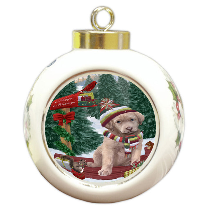 Merry Christmas Woodland Sled Chesapeake Bay Retriever Dog Round Ball Christmas Ornament RBPOR55248