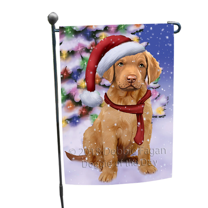 Winterland Wonderland Chesapeake Bay Retriever Dog In Christmas Holiday Scenic Background  Garden Flag GFLG53441