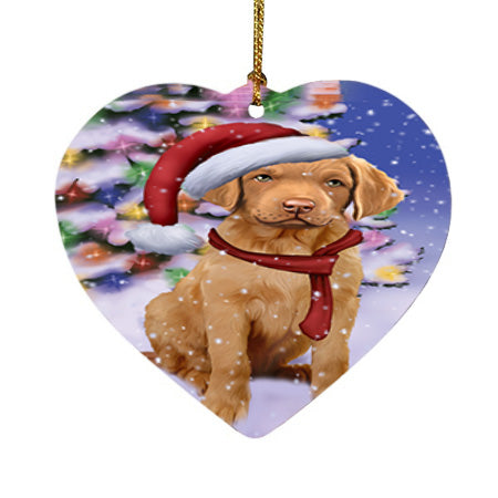 Winterland Wonderland Chesapeake Bay Retriever Dog In Christmas Holiday Scenic Background  Heart Christmas Ornament HPOR53379