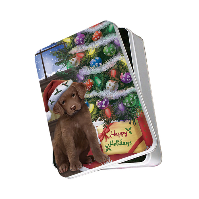 Christmas Happy Holidays Chesapeake Bay Retriever Dog with Tree and Presents Photo Storage Tin PITN53761