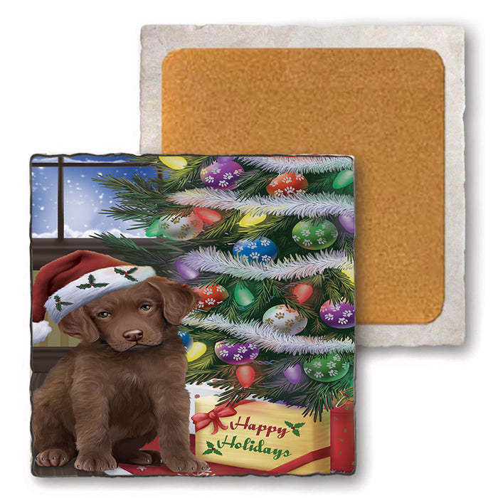 Christmas Happy Holidays Chesapeake Bay Retriever Dog with Tree and Presents Set of 4 Natural Stone Marble Tile Coasters MCST48818