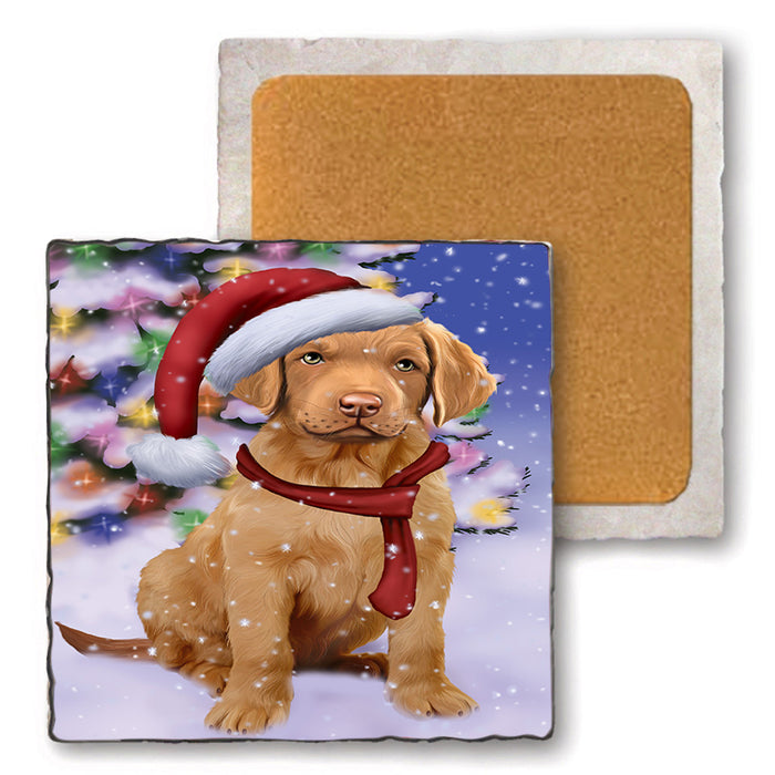 Winterland Wonderland Chesapeake Bay Retriever Dog In Christmas Holiday Scenic Background  Set of 4 Natural Stone Marble Tile Coasters MCST48379