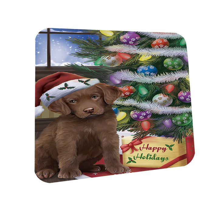 Christmas Happy Holidays Chesapeake Bay Retriever Dog with Tree and Presents Coasters Set of 4 CST53776