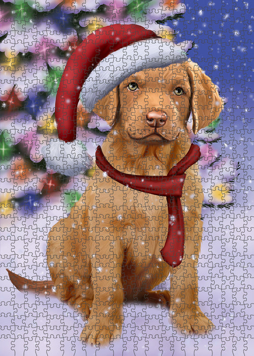 Winterland Wonderland Chesapeake Bay Retriever Dog In Christmas Holiday Scenic Background Puzzle with Photo Tin PUZL80672