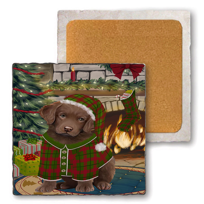 The Stocking was Hung Chesapeake Bay Retriever Dog Set of 4 Natural Stone Marble Tile Coasters MCST50269