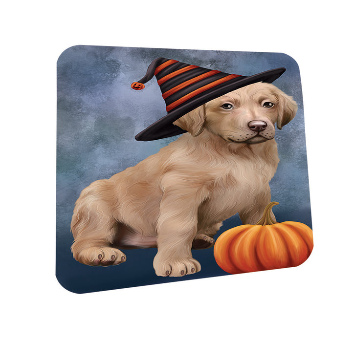 Happy Halloween Chesapeake Bay Retriever Dog Wearing Witch Hat with Pumpkin Coasters Set of 4 CST54882