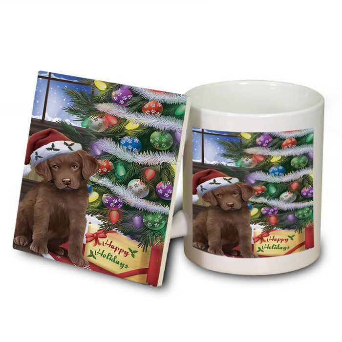Christmas Happy Holidays Chesapeake Bay Retriever Dog with Tree and Presents Mug and Coaster Set MUC53810