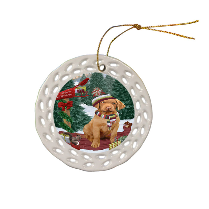Merry Christmas Woodland Sled Chesapeake Bay Retriever Dog Ceramic Doily Ornament DPOR55249