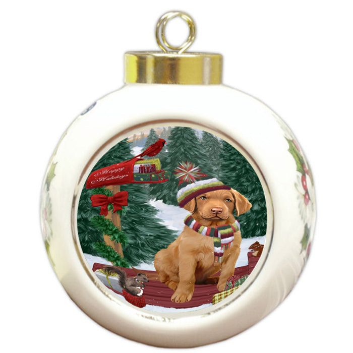 Merry Christmas Woodland Sled Chesapeake Bay Retriever Dog Round Ball Christmas Ornament RBPOR55249