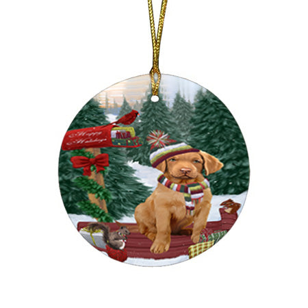 Merry Christmas Woodland Sled Chesapeake Bay Retriever Dog Round Flat Christmas Ornament RFPOR55249