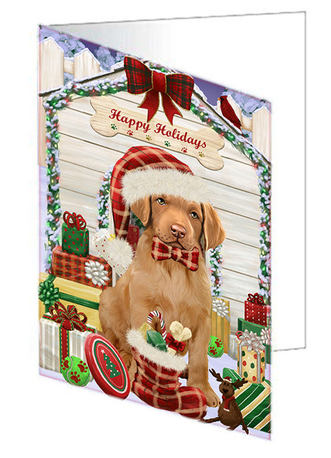 Happy Holidays Christmas Chesapeake Bay Retriever Dog House with Presents Handmade Artwork Assorted Pets Greeting Cards and Note Cards with Envelopes for All Occasions and Holiday Seasons GCD58199