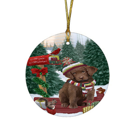 Merry Christmas Woodland Sled Chesapeake Bay Retriever Dog Round Flat Christmas Ornament RFPOR55250