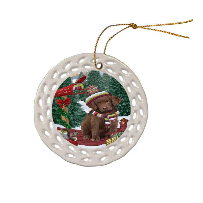 Merry Christmas Woodland Sled Chesapeake Bay Retriever Dog Ceramic Doily Ornament DPOR55250