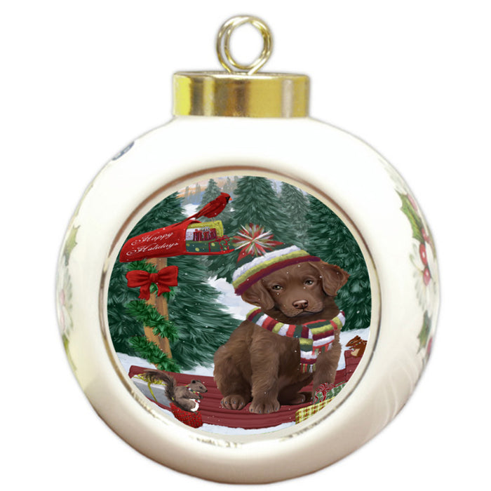 Merry Christmas Woodland Sled Chesapeake Bay Retriever Dog Round Ball Christmas Ornament RBPOR55250