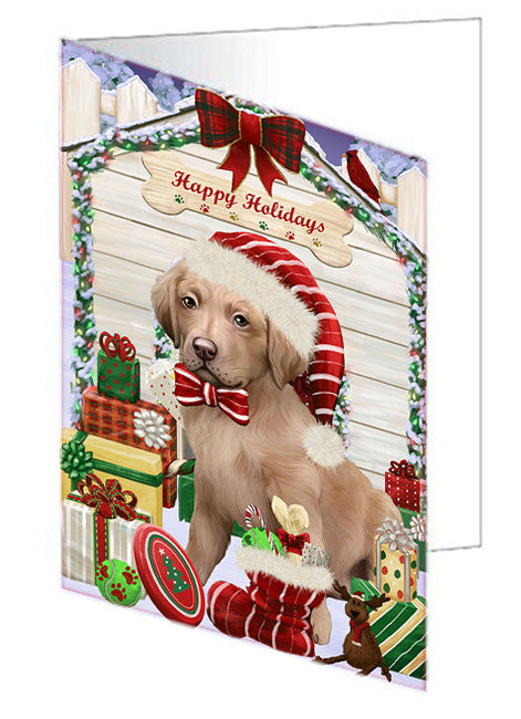 Happy Holidays Christmas Chesapeake Bay Retriever Dog House with Presents Handmade Artwork Assorted Pets Greeting Cards and Note Cards with Envelopes for All Occasions and Holiday Seasons GCD58202