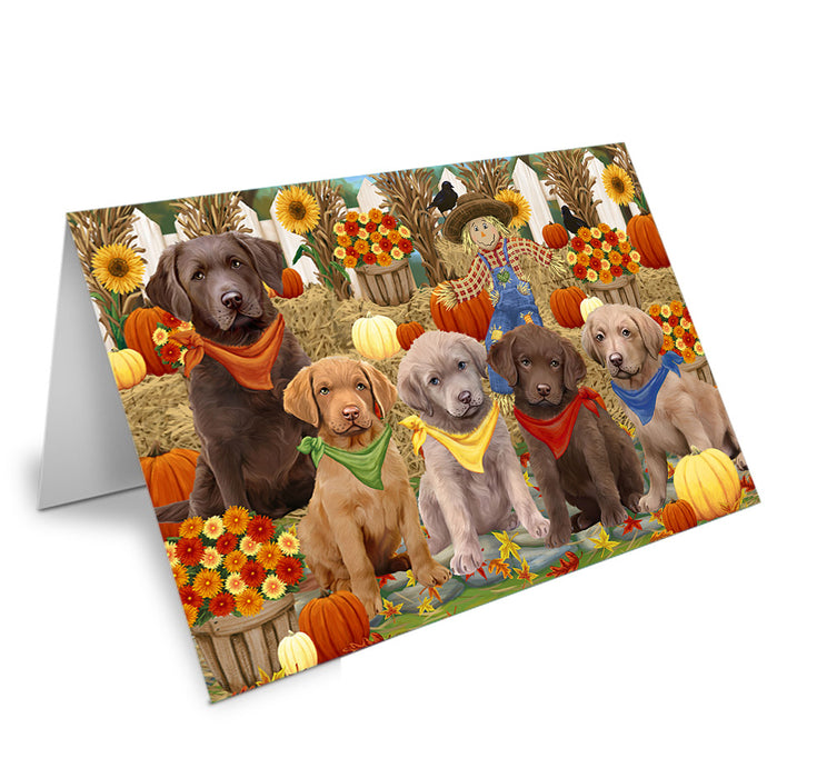 Fall Festive Gathering Chesapeake Bay Retrievers Dog with Pumpkins Handmade Artwork Assorted Pets Greeting Cards and Note Cards with Envelopes for All Occasions and Holiday Seasons GCD55937