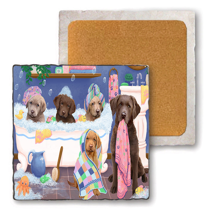 Rub A Dub Dogs In A Tub Chesapeake Bay Retrievers Dog Set of 4 Natural Stone Marble Tile Coasters MCST51779