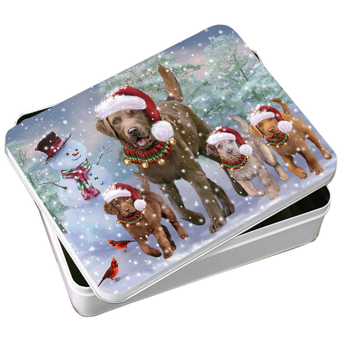 Christmas Running Family Chesapeake Bay Retriever Dogs Photo Storage Tin PITN57072