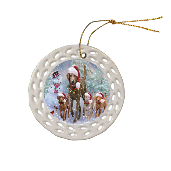Christmas Running Family Chesapeake Bay Retriever Dogs Ceramic Doily Ornament DPOR57415