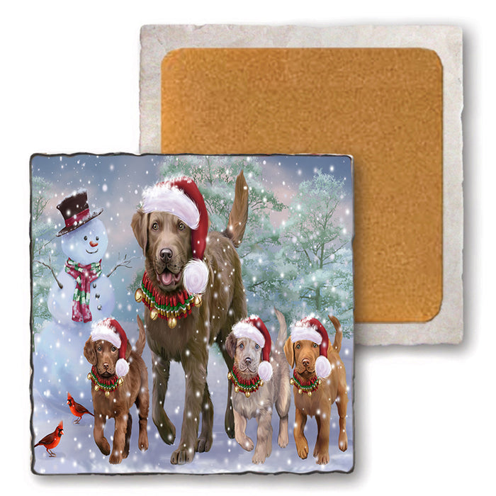 Christmas Running Family Chesapeake Bay Retriever Dogs Set of 4 Natural Stone Marble Tile Coasters MCST52129