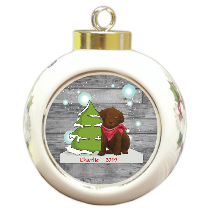 Custom Personalized Winter Scenic Tree and Presents Chesapeake Bay Retriever Dog Christmas Round Ball Ornament
