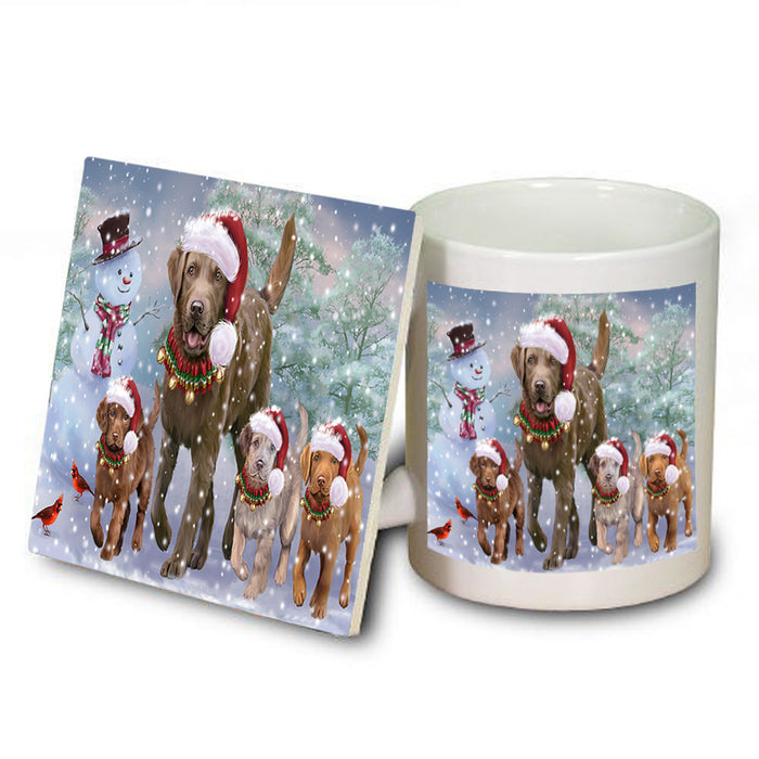 Christmas Running Family Chesapeake Bay Retriever Dogs Mug and Coaster Set MUC57121