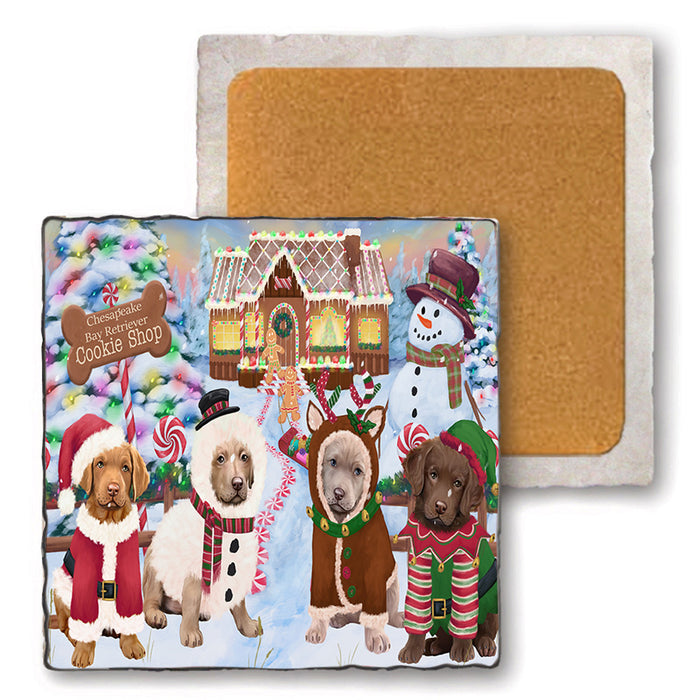 Holiday Gingerbread Cookie Shop Chesapeake Bay Retrievers Dog Set of 4 Natural Stone Marble Tile Coasters MCST51391