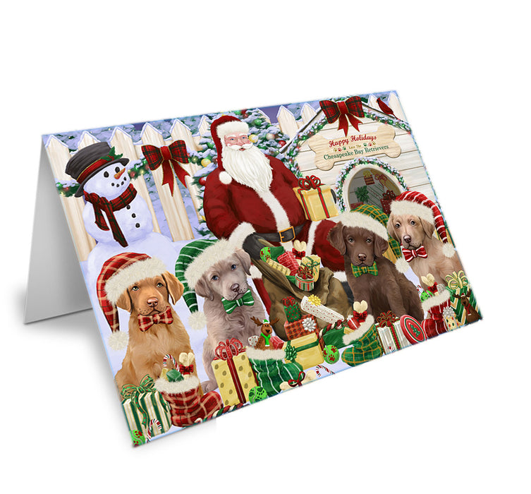 Happy Holidays Christmas Chesapeake Bay Retrievers Dog House Gathering Handmade Artwork Assorted Pets Greeting Cards and Note Cards with Envelopes for All Occasions and Holiday Seasons GCD58364
