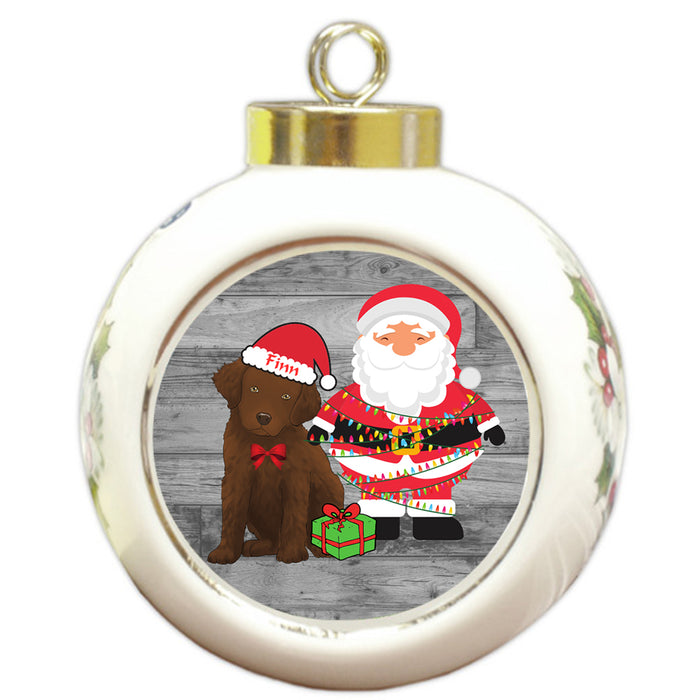 Custom Personalized Chesapeake Bay Retriever Dog With Santa Wrapped in Light Christmas Round Ball Ornament